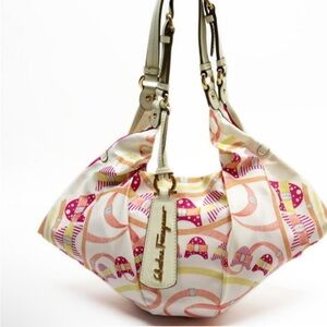 Salvatore Ferragamo Pink and White Satin Shoulder Bag